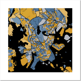 Helsinki Map Pattern in Blue & Gold Posters and Art